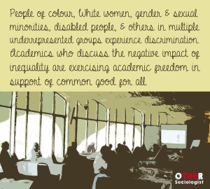 Stylised image of people listening to a talk. Writing reads: People of colour, White women, gender & sexual minorities, disabled people, & others in multiple underrepresented groups experience discrimination. Academics who discuss the negative impact of inequality are exercising academic freedom in support of common good for all.